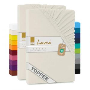 Lavea&reg; Lot de 2 Draps-Housses pour Surmatelas/Topper 180x190/200 cm &ndash; Jersey 100% Coton &ndash; pour Surmatelas Jusqu&rsquo;&agrave; 12 cm &ndash; avec &Eacute;lastique Tout Autour &ndash; Cr&egrave;me (B&D Textiles, neuf)