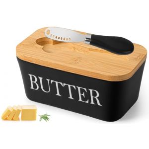 Beurrier en Porcelaine, Boite A Beurre Avec Couvercle En Bois Et Couteau à Beurre Multifonctionnel, 250g Conteneur de Beurre, Boite Beurre, pour Placer du Beurre du Fromage Fruit Salade (Noir) (RAUL WILK DON S.R.L., neuf)