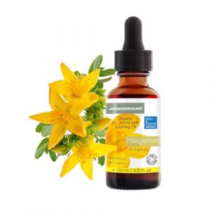 Millepertuis Bio, Extra-Forte, Mac&eacute;r&acirc;t Huileux Rouge, Concentr&eacute;e, Huile de Soin Apaisant, Peaux Sensibles, Irrit&eacute;es, Rougeurs, Cicatrices, Vergetures, Cheveux, Apr&egrave;s-Soleil, 100 ml (OmBiance, neuf)