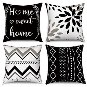 Hnmdmyi Housse de Coussin Noir 40x40 Set de 4, Home Sweet Home Fleurs Boho g&eacute;om&eacute;triques d&eacute;coratives Housses de Coussin Ferme Moderne Lin Housse de Coussin pour canap&eacute; lit Jardin ext&eacute;rieur Home Decor (Hnmdmyi, neuf)