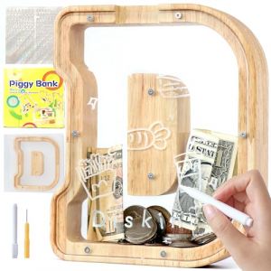 Lakpopya Tirelire en Bois pour Enfant Tirelire Cochon Personnalisée de Lettres A à Z Tirelire Billet Transparente Créative pour Cadeau Décoration Baptême pour Fille Garcon (D) (Never fail, neuf)