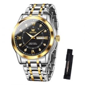 OLEVS Montres pour homme en acier inoxydable doré et argenté - Montre bicolore décontractée avec date - Montre à quartz analogique classique - Cadeau pour homme - Bracelet avec chiffres romains (XING LINGYU, neuf)
