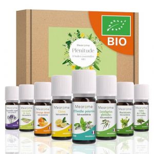 Coffret 8 x 10 ml Huiles Essentielles BIO distillées en FRANCE + Guide d'Aromathérapie PDF | HEBBD, HECT | Kit pour Cuisine, Diffuseur | Bienfaits Respiratoires, Encombrement, Digestion | Mearome (PLASTIMEA, neuf)