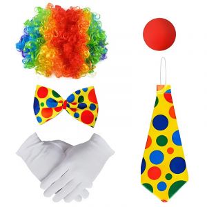 5 Pi&egrave;ces Accessoires Costume Clown, Perruque Clown curl, Nez de Clown, N&oelig;ud Papillon Color&eacute;, Gants, Accessoires pour Costumes de Clowns pour Mardi Gras, Carnavals, P&acirc;ques et Halloween (xiaoyuandabendan, neuf)