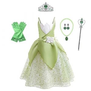 Lito Angels Deguisement Costume Robe de Princesse Tiana avec Accessoires pour Enfant Fille Taille 6-8 ans, Vert (étiquette en tissu 120) (Lito Angels FR, neuf)