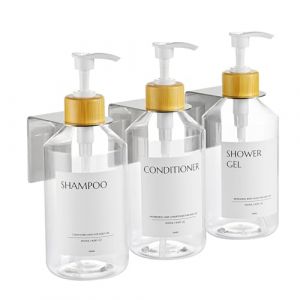 Janxin 3 Pi&egrave;ces Distributeur de Shampoing Mural, Distributeur Savon Mural 500ml, Distributeur de Savon Mural sans Per&ccedil;age, avec &Eacute;tiquette &Eacute;tanche (Flacon Transparent + t&ecirc;te en Bambou Blanc) (Janxin, neuf)