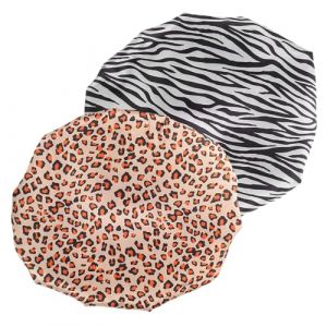 EXQUIMEUBLE 2pièces Bonnet De Réutilisable Imperméable Pour Femmes Lot De Satin Élastique Confortable Et Élégant Idéale Pour Bain Spa Motifs Léopard Et Zèbre (MLOOZK, neuf)