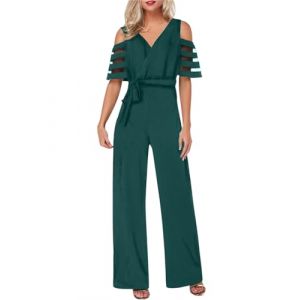 nicticsi Femmes Combinaison Col V Jumpsuit &Eacute;l&eacute;gant sans Manches/Manches Courtes Playsuit Couleur Unie Long Pantalon Cocktail Soir&eacute;e C&eacute;r&eacute;monie Romper A-Arm&eacute;e Verte XL (Reversal Destiny, neuf)