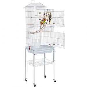 Yaheetech Cage Oiseaux Portable Poignée Volière avec Toit Équipé 3 Perchoir en Bois 4 Mangeoires 3 Jouets et 1 Swing 46 x 36 x 159 cm Blanc (Yahee365, neuf)