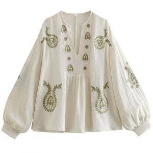 Yimoon Chemisier brod&eacute; floral boh&egrave;me &agrave; manches longues bouffantes et col en V pour femme, abricot, X-Small (yican  EU, neuf)