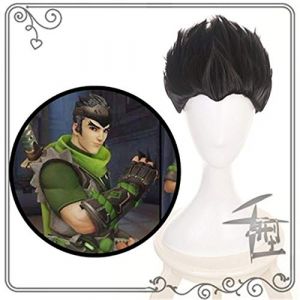 Perruque pour Overwatch Young Genji OW - Courte - Vert/noir - Cosplay - Cheveux synthétiques - Résistant à la chaleur - Perruque manga QX - Noir (good stuff A, neuf)