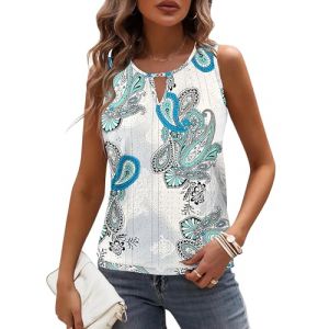 WNEEDU Débardeurs d'été Femme Chic et Élégant Col en V Hauts sans Manche Sexy Blouse Casual Chemise Fleur Verte et Blanche M (WNEEDU EU, neuf)