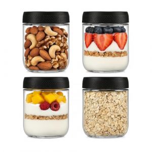 LDYOEN Lot de 4 Overnight Oats Jar, 480ml Bocaux en Verre Herm&eacute;tique, Bocal en Verre avec Couvercle, Pot en Verre pour Yaourt, C&eacute;r&eacute;ales, Porridge, Confiture (liliyou-EU, neuf)