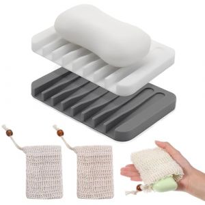 Ensemble de 4 porte-savons, comprenant 2 porte-savons et 2 filets &agrave; savon. Porte-savon avec grille de drainage, imperm&eacute;able et r&eacute;sistant &agrave; l'humidit&eacute;, pour ranger le savon (gris/blanc). (DINODANUBE TRADING, neuf)