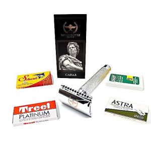 Rasoir de sécurité coupe choux traditionnel Caesar avec lot de 20 lames de rasage Astra, Platinum, 7 o' Clock, Voskhod (Razor Blades Club, neuf)