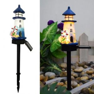 YZYOE Lumi&egrave;res d'atmosph&egrave;re du phare bleu et blanc solaire, lampe de plancher maison mignonne de r&eacute;sine d&eacute;coration jardin et cour, Lumi&egrave;res LED sans fil du cr&eacute;puscule &agrave; l'aube imperm&eacute;ables. (lizuojun, neuf)