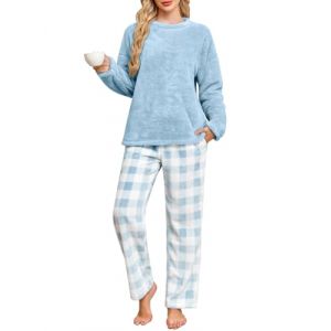 UMIPUBO Pyjama Femme Hiver Polaire Ensemble de Pyjama Pilou Chaud et Doux V&ecirc;tements de Nuit Flanelle 2 Pi&egrave;ces Combinaison Manche Longues Wear Pijamas Sleepwear avec Poches Cadeau (Bleu, XXL) (Bukely, neuf)