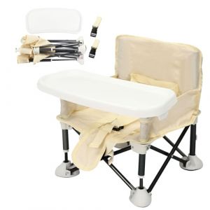 Chaise de b&eacute;b&eacute; portable, rehausseur avec sac de transport, chaise de camping pour b&eacute;b&eacute; de 0 &agrave; 2 ans, rehausseur avec dossier et ceinture de s&eacute;curit&eacute; r&eacute;glable, beige (DHQCQL, neuf)