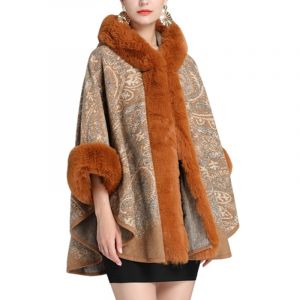LCDIUDIU Poncho Femme Chic Et Elegant,Ponchos d'hiver pour Femmes avec Capuche, Bordures en Fausse Fourrure Beige, M&eacute;lange De Laine Jacquard Floral Ethnique, Cardigans, Ch&acirc;les, Vestes, &Eacute;charpes C (YYSMOZZ, neuf)