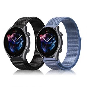 Niboow 22mm Bracelet pour Amazfit Bip 5/GTR 4/GTR 3 Pro/GTR 3/GTR 2 eSIM/GTR 2e/GTR 47mm, Nylon Respirant R&eacute;glable Bracelet pour Amazfit Cheetah/Cheetah Pro/Stratos 3/Stratos 2s/Stratos - Noir + Bleu (Niboow EU, neuf)