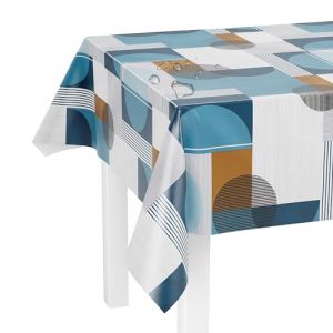 LILENO HOME Nappe lavable au m&egrave;tre - 160 x 140 cm (bord coup&eacute;) - Motif cercles et carreaux bleus - Imperm&eacute;able - Id&eacute;al comme nappe ou chemin de table pour tente &agrave; bi&egrave;re (Discount-Deal24, neuf)