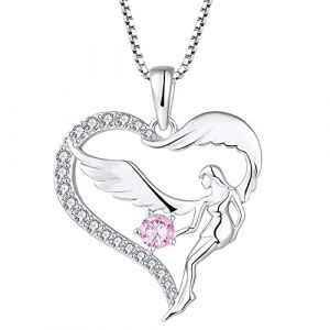 FJ Collier Coeur Femme Ange Gardien Collier Argent Sterling 925 Pendentif Ailes d'Ange Collier Pierre de Naissance Octobre Tourmaline Rose Cadeaux de Bijoux pour Femme Fille (Farjary Jewelry, neuf)