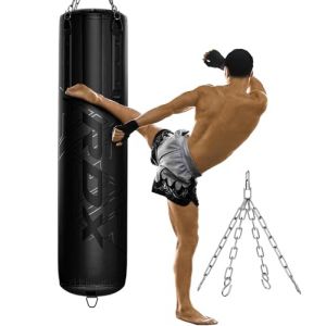 RDX Sac De Frappe Lourd De 1,5 m, 2 Pi&egrave;ces, 3 Pi&egrave;ces Et 4 Pi&egrave;ces, 25 kg Pr&eacute;-rempli avec Capacit&eacute; De Remplissage Maximale De 50 kg, Ensemble De Sacs De Boxe avec Gants, Support, Cha&icirc;ne en Acie (RDXINC LTD, neuf)