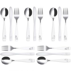 15Pcs Couverts Enfant Inox 5 x Fourchette 5 x Cuill&egrave;re 5 x Couteau Dentel&eacute; S&ucirc;r Couverts Enfant Jungle Dinosaure Grav&eacute; Couvert Inox pour Maison Restaurant &Eacute;cole Garderie (tiangaokoufu, neuf)