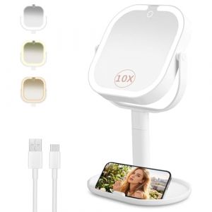 Zofory Miroir Grossissant 10x avec 3 Lumi&egrave;res Color&eacute;es, Miroir Cosm&eacute;tique avec &eacute;clairage, avec Base et Hauteur R&eacute;glable Miroir LED Maquillage (AQUASAL OPERATIV S.R.L., neuf)