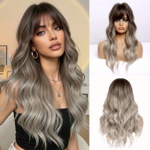 Esmee Perruque Ombre brun &agrave; gris synth&eacute;tique de 24 pouces de long avec une ligne de t&ecirc;te naturelle de haute densit&eacute; Perruques de cheveux permanents &agrave; la chaleur pour les femmes (RCT international Co. Ltd, neuf)