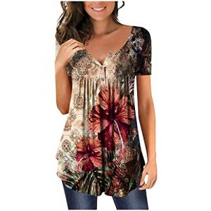 Chic Et &Eacute;l&eacute;gant Chemisier Femme Manches 3/4,T Shirt Imprim&eacute; Fleurs avec Pliss&eacute;,Tee Shirt Col en V Blouse De Boheme Hauts avec Boutons,D&eacute;contract&eacute;e Tunique &Eacute;t&eacute; Plage Travail Tunique Tops (Wyongtao❖, neuf)