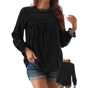 TUUHAW Tunique Femme Grande Taille &Eacute;l&eacute;gant Automne Col Rond Manches Longue Boh&egrave;me Top Fluide &agrave; Point Suisse Volants Couleur Unie Chemise L&acirc;ches Blouse D&eacute;contract&eacute; Dentelle T-Shirts Noir 3XL (aiaolan, neuf)