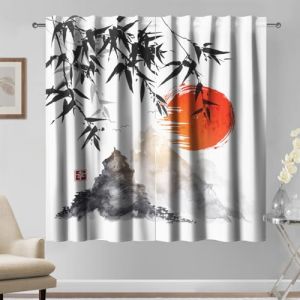 Kzzfqxb Rideaux Motif Peinture Chinoise 117x183cm 2 Panneaux, Feuilles de Bambou Lever de Soleil Rouge Montagnes Paysage au Pinceau, d&eacute;coration Orientale pour Salon et Chambre &agrave; Coucher (miaocan, neuf)