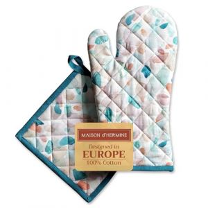 Maison d' Hermine Summer Picnic Ensemble Comprenant 1 Gant de Cuisine 100% Coton (19cm x 33cm) et 1 manique (20cm x 20cm) pour Barbecue, Cuisson, grillade, Micro-Ondes, Printemps et été (Maison d' Hermine EU, neuf)