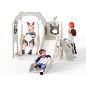 Toboggan pour Enfants 6 en 1 en Forme d'&eacute;lan avec Panier de Basket, Golf, t&eacute;lescope, Structure d'escalade,Toboggan d'int&eacute;rieur pour Enfants,Jouets d'aire de Jeux Montessori(Beige-Gris) (WARM HEART LIMITED, neuf)