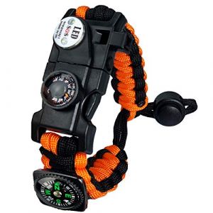 Bracelet Paracorde Survie pour Homme Femme, Militaire Paracord Bracelet Kit avec Flint + Boussole + Thermomètre + Sifflet + Lumière LED pour Extérieur, Randonneur, Baroudeur, Explorateurs (Orange) (BXooo, neuf)