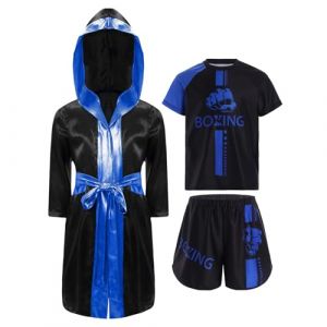 Oyolan Enfant Garçon Short de Boxe et T-Shirt Peignoir Robe de Boxe à Capuche Ensemble Combat Muay Thai MMA Kick Boxing A Bleu 7-8 Ans (Oyolan EU, neuf)