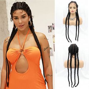 82cm naturel noir 4x double torsion hollandaise tresse Perruque femme synthétique dentelle avant perruque 1B noir maïs tresse bébé cheveux extra long 4x tresse tresse tressée main Perruque femme (SERENEWIG, neuf)