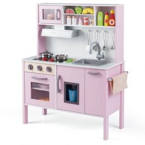 GOPLUS Cuisine Enfant en Bois, Jouet de Cuisine avec Effect Sonore, Évier Amovible, Hotte de Cuisine, Machine à Glaçons, 18 Accessoires Complets, pour Garçons Filles 3-6 Ans (Rose Clair) (Augenstern24, neuf)