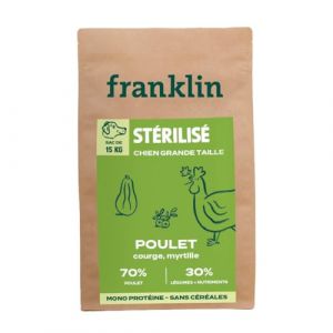 Franklin Protéinée – Croquettes Chien Stérilisé – 15kg – 70% de Poulet – Mono-Protéine – sans Céréales – Forme Ronde 18mm – Poulet, Courge, Myrtille (Franklin Pet Food, neuf)