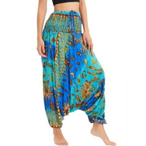 Nuofengkudu Femme Hippie Sarouel Combinaison Pantalon Bretelles Jumpsuit Taille Haute Large Boheme Fleuri Imprimé Leger Grande Thai Yoga Pants Homewear Coloré Ete Plage Yan Huo Bleu Vert (better Life, neuf)