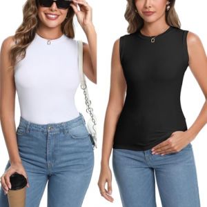 Pull Col Rond sans Manche Tricot Léger Body Femme Tee Shirt Ajusté Moderne Col Montant sous-Pull Basique Pullover Laine Top Haut Vintage Chic Automne Printemps Confortable Classique Noir+Blanc XXL (ANXINDA, neuf)