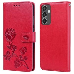 RankOne &Eacute;tui Portefeuille en Cuir pour Samsung Galaxy S24 FE (6.7" inches), avec Porte-Cartes Rose Pattern Design Cover Coque Housse Case - Rouge (Rankone, neuf)