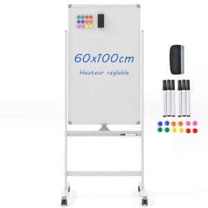 COSTWAY Tableau Blanc Effacable 60x100cm, Tableau Blanc sur Pieds Double Face, Hauteur Réglable sur 2 Positions, Tableau Magnetique Roulettes pour École, Bureau(60x100cm, Blanc) (FDS GmbH, neuf)