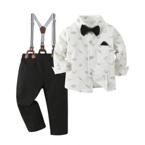Amissz Vêtement Ensembles Bébé Garçon Gentleman, Enfant chemise + nœud papillon + bretelles + Pantalon Tenue Ceremonie Fete Blanc Dinosaure, 3-4 ans (ZHANG-EU, neuf)