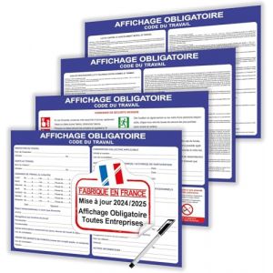 Affichage obligatoire entreprise code du travail version 2025 - Affichage réglementaire entreprise - Panneaux affichage obligatoire plastifiés - Ecriture modifiable + feutre offert (x4 formats A4) (Bon'impression, neuf)