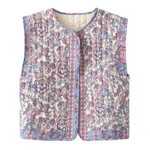 Generisch Veste matelass&eacute;e en duvet pour femmes avec motif fleuri, courte, l&eacute;g&egrave;re, sans manches, veste rembourr&eacute;e en fausse fourrure pour femmes Veste en fourrure noire, bleu, L (LinHh125, neuf)