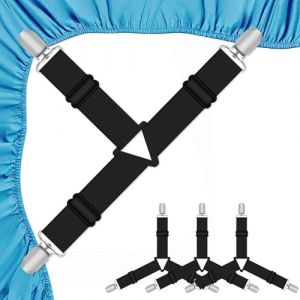 Quelcc Attache Drap Housse, Set de 4 Pièces Noir Aattache Drap Housse, Pince Drap Housse avec Pinces Métalliques, Élastiques Ajustables Sangle Drap Housse pour Draps, Matelas, Ou Canapé (Liwee, neuf)