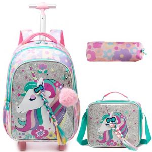 HTgroce Licorne Cartable à roulettes Sac à Dos Filles, Cartable Primaire Sac Trolley avec Sac Repas Trousse à Crayons Sac à Dos à roulettes Cartable Roulette Fille CP (Lldaily EUR, neuf)