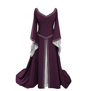 YUDATPG Robe médiévale, évasée, à manches longues, de la Renaissance pour femme, nuisette paysanne, costume d'Halloween, robe de fée gothique, chemise de nuit, violet, L (PlumZhou, neuf)